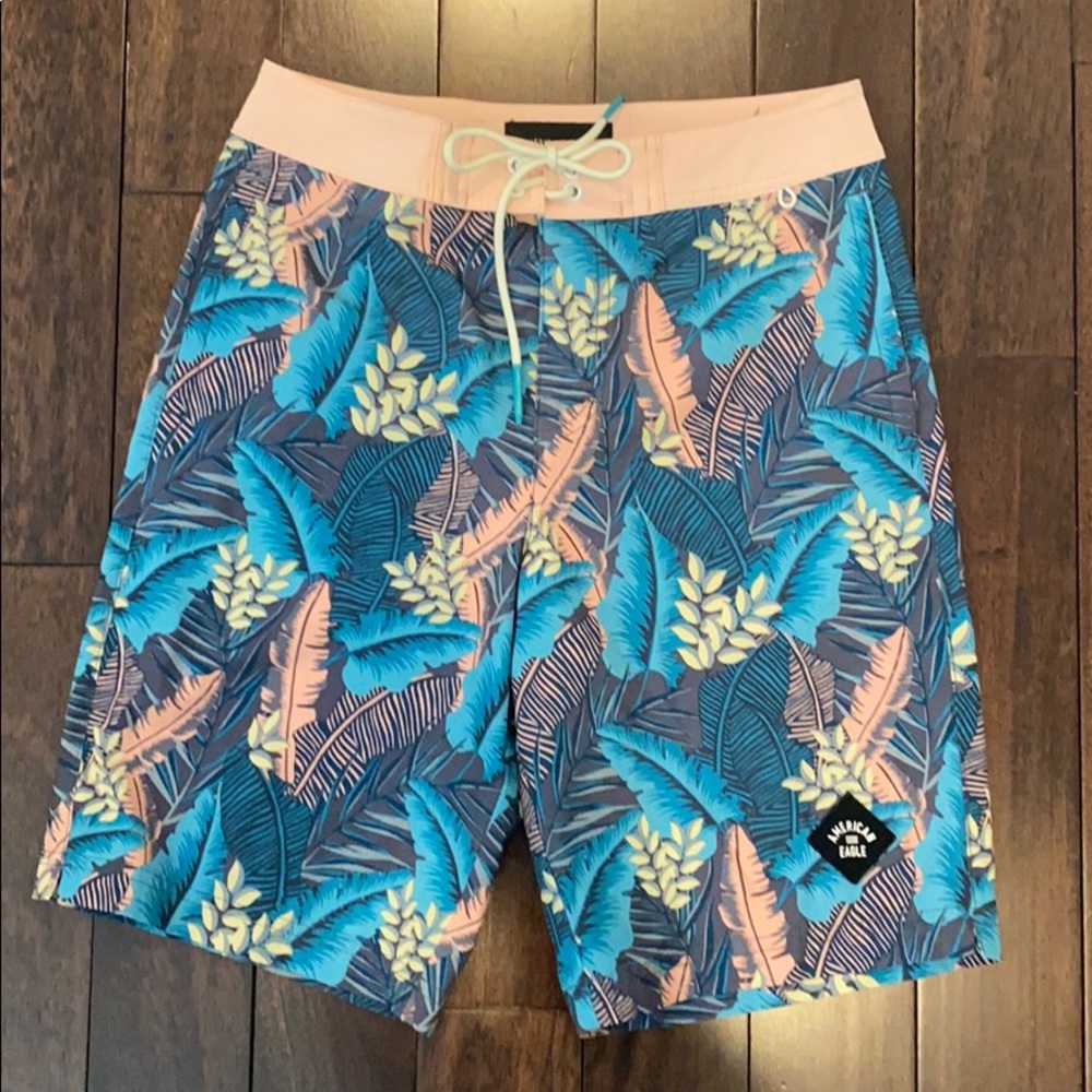 American Eagle Outfitters Blue and Pink Tropical Board Shorts